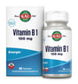 Verpackung und Flasche von KAL Vitamin B1, 100 mg, 100 Tabletten. Enthält Angaben wie vegan, Energie, Nahrungsergänzungsmittel.