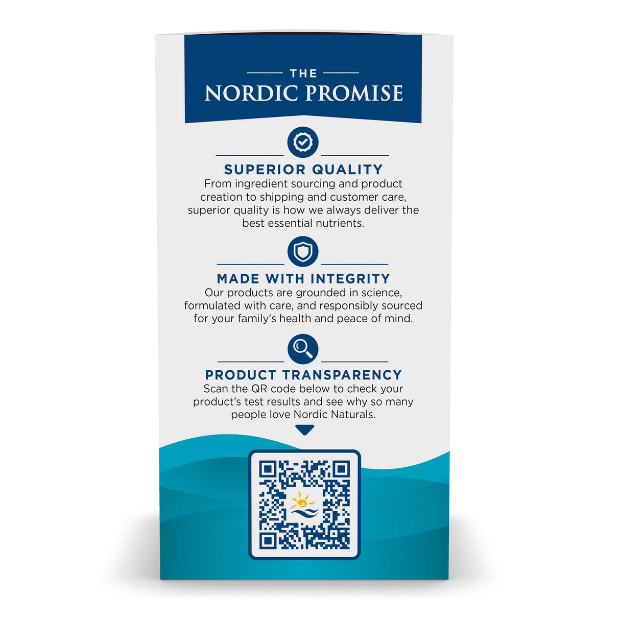 Ein Flyer mit dem Titel 'The Nordic Promise'. Enthält drei Abschnitte: 'Superior Quality', 'Made with Integrity' und 'Product Transparency'. Ein QR-Code ist unten.