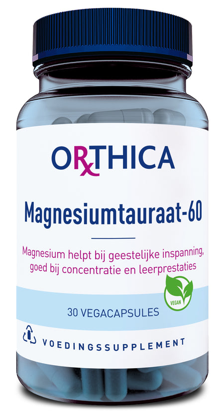 Die Abbildung zeigt eine Flasche mit dem Etikett 'Orthica Magnesiumtauraat-60'. Die Flasche enthält 30 vegane Kapseln, die zur Unterstützung der geistigen Anstrengung, Konzentration und Lernleistung beitragen. Das Etikett ist in Blau und Pink gehalten und enthält ein grünes Vegan-Logo. Die Flasche hat einen blauen Deckel.