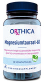 Die Abbildung zeigt eine Flasche mit dem Etikett 'Orthica Magnesiumtauraat-60'. Die Flasche enthält 30 vegane Kapseln, die zur Unterstützung der geistigen Anstrengung, Konzentration und Lernleistung beitragen. Das Etikett ist in Blau und Pink gehalten und enthält ein grünes Vegan-Logo. Die Flasche hat einen blauen Deckel.