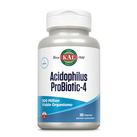 Weiße Flasche mit KAL-Logo, "Acidophilus ProBiotic-4", 500 Millionen Organismen, 100 VegCaps, Nahrungsergänzungsmittel.