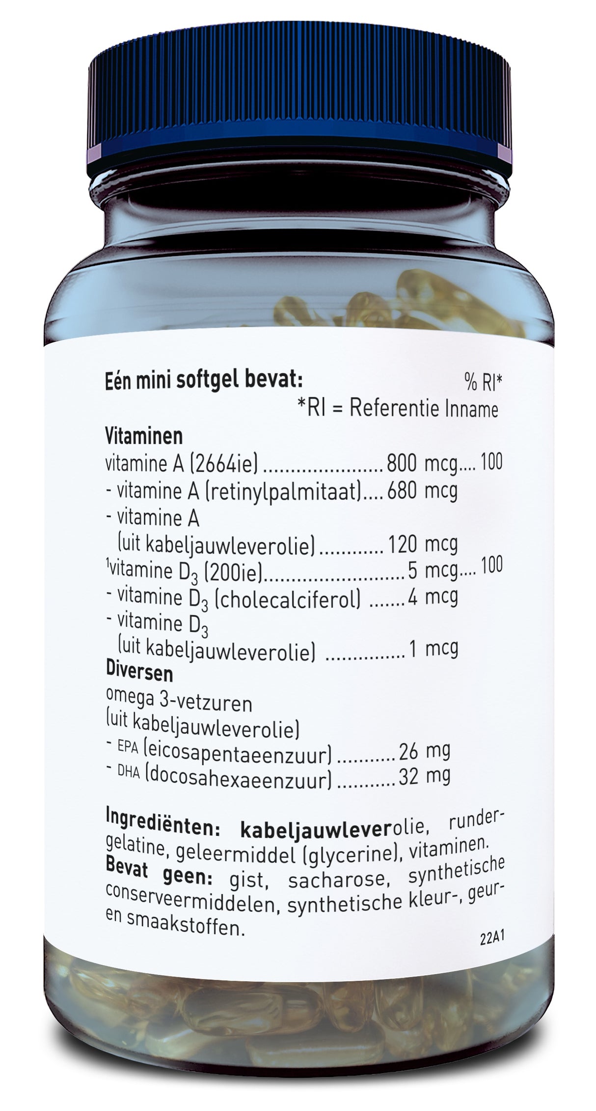 Das Bild zeigt eine Flasche mit einem blauen Deckel, die mit Softgel-Kapseln gefüllt ist. Auf dem Etikett sind Inhaltsstoffe in niederländischer Sprache aufgelistet, darunter Vitamine A und D3 sowie Omega-3-Fettsäuren. Die Flasche ist transparent und lässt die Kapseln im Inneren erkennen.