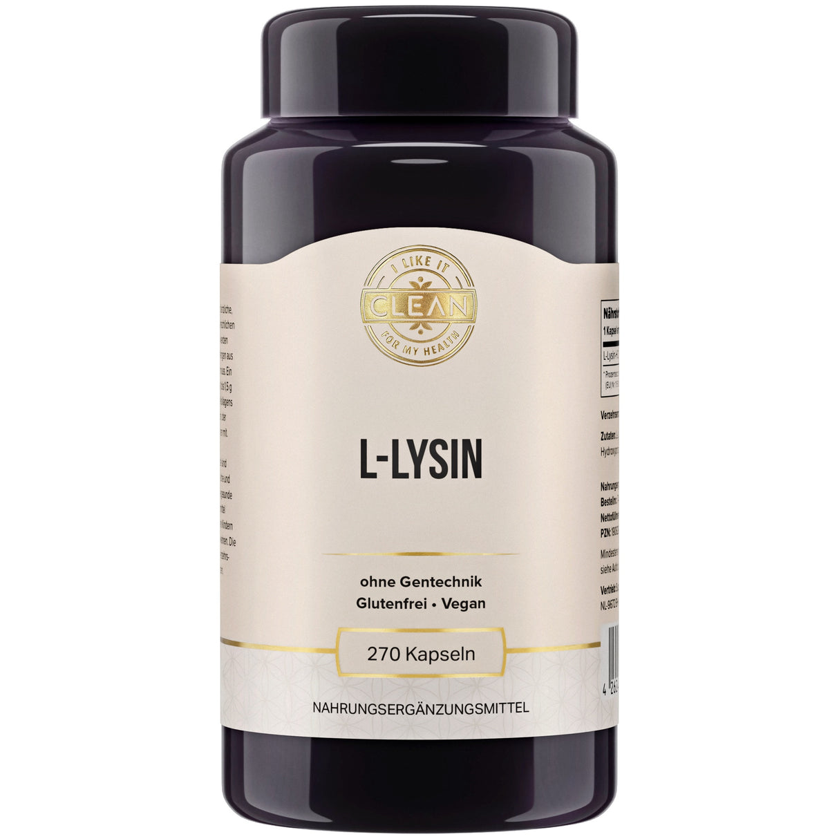 Eine schwarze Plastikdose mit einem beige-weißen Etikett, auf dem 'L-Lysin' steht. Das Etikett betont, dass das Produkt gentechnikfrei, glutenfrei und vegan ist. Die Dose enthält 270 Kapseln eines Nahrungsergänzungsmittels.