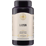 Eine schwarze Plastikdose mit einem beige-weißen Etikett, auf dem 'L-Lysin' steht. Das Etikett betont, dass das Produkt gentechnikfrei, glutenfrei und vegan ist. Die Dose enthält 270 Kapseln eines Nahrungsergänzungsmittels.