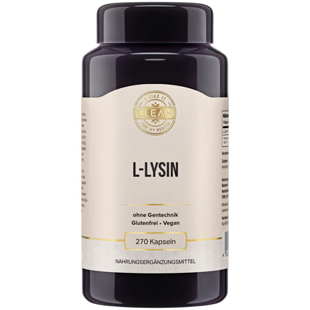 Eine schwarze Plastikdose mit einem beige-weißen Etikett, auf dem 'L-Lysin' steht. Das Etikett betont, dass das Produkt gentechnikfrei, glutenfrei und vegan ist. Die Dose enthält 270 Kapseln eines Nahrungsergänzungsmittels.