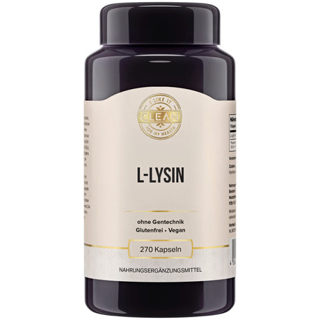Eine schwarze Plastikdose mit einem beige-weißen Etikett, auf dem 'L-Lysin' steht. Das Etikett betont, dass das Produkt gentechnikfrei, glutenfrei und vegan ist. Die Dose enthält 270 Kapseln eines Nahrungsergänzungsmittels.