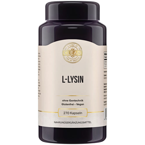 Eine schwarze Plastikdose mit einem beige-weißen Etikett, auf dem 'L-Lysin' steht. Das Etikett betont, dass das Produkt gentechnikfrei, glutenfrei und vegan ist. Die Dose enthält 270 Kapseln eines Nahrungsergänzungsmittels.