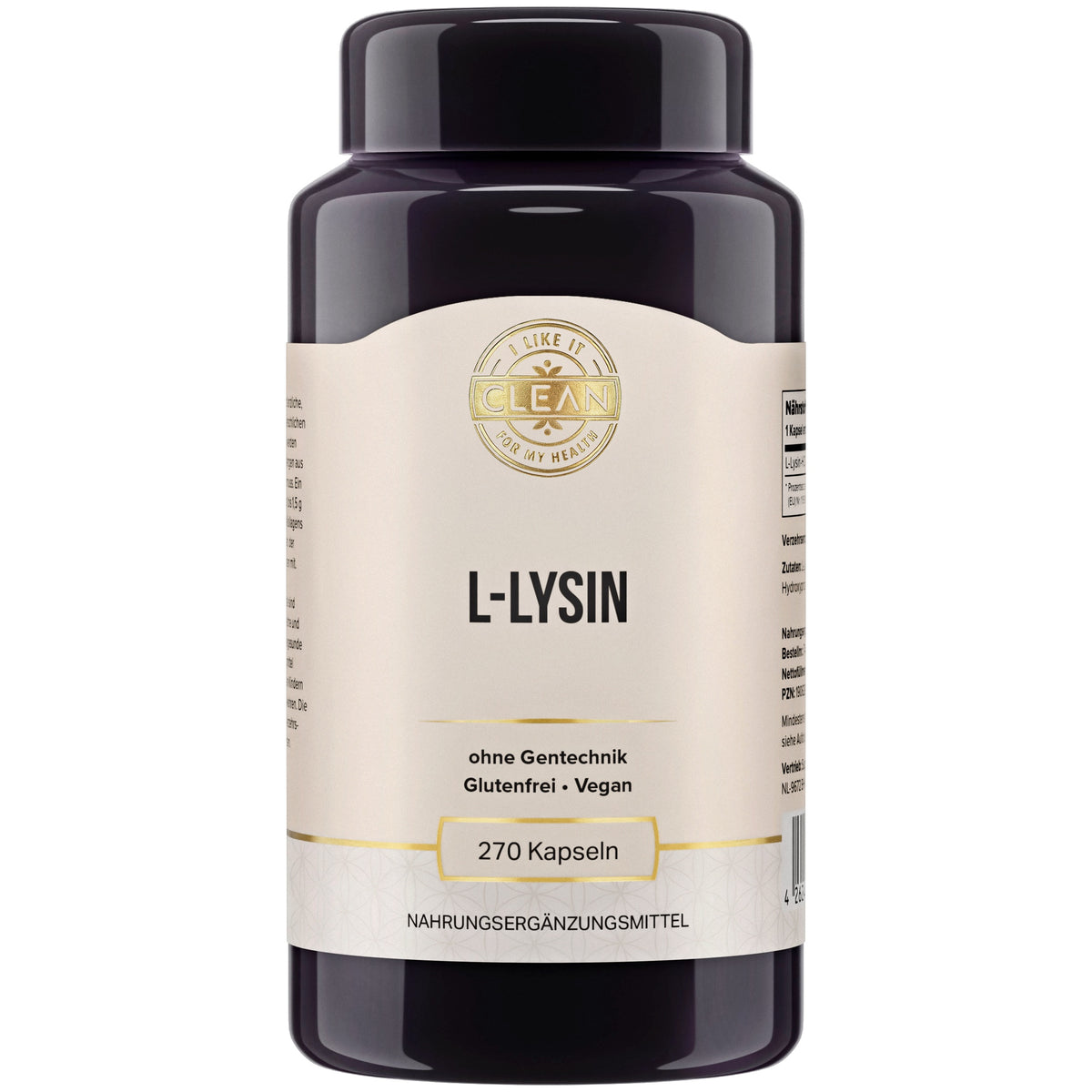 Eine schwarze Plastikdose mit einem beige-weißen Etikett, auf dem 'L-Lysin' steht. Das Etikett betont, dass das Produkt gentechnikfrei, glutenfrei und vegan ist. Die Dose enthält 270 Kapseln eines Nahrungsergänzungsmittels.