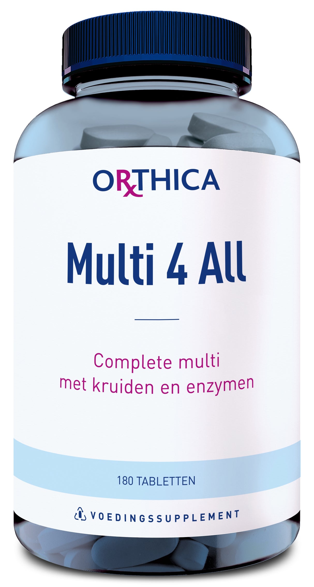 Das Bild zeigt eine Flasche des Nahrungsergänzungsmittels 'Orthica Multi 4 All'. Die Flasche ist transparent mit einem blauen Deckel und enthält 180 Tabletten. Auf dem Etikett steht: 'Complete multi met kruiden en enzymen'.