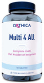 Das Bild zeigt eine Flasche des Nahrungsergänzungsmittels 'Orthica Multi 4 All'. Die Flasche ist transparent mit einem blauen Deckel und enthält 180 Tabletten. Auf dem Etikett steht: 'Complete multi met kruiden en enzymen'.