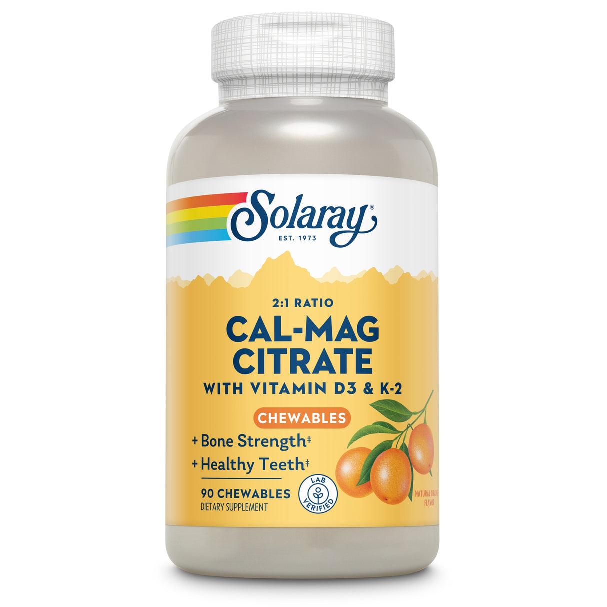 Flasche mit Nahrungsergänzungsmittel 'Cal-Mag Citrate' von Solaray, enthält Vitamin D3 & K-2, 90 Kautabletten, Geschmacksrichtung: natürliche Orange.