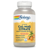 Flasche mit Nahrungsergänzungsmittel 'Cal-Mag Citrate' von Solaray, enthält Vitamin D3 & K-2, 90 Kautabletten, Geschmacksrichtung: natürliche Orange.