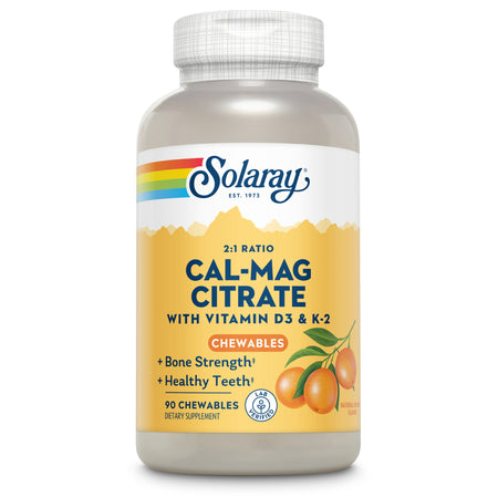 Flasche mit Nahrungsergänzungsmittel 'Cal-Mag Citrate' von Solaray, enthält Vitamin D3 & K-2, 90 Kautabletten, Geschmacksrichtung: natürliche Orange.