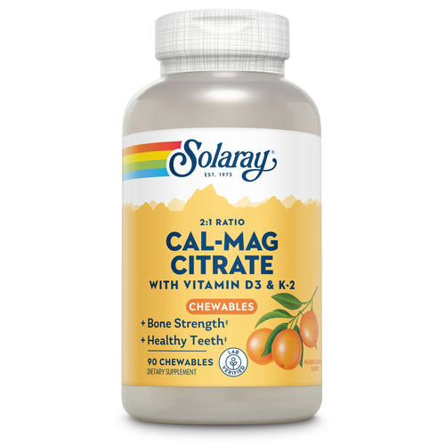 Flasche mit Nahrungsergänzungsmittel 'Cal-Mag Citrate' von Solaray, enthält Vitamin D3 & K-2, 90 Kautabletten, Geschmacksrichtung: natürliche Orange.