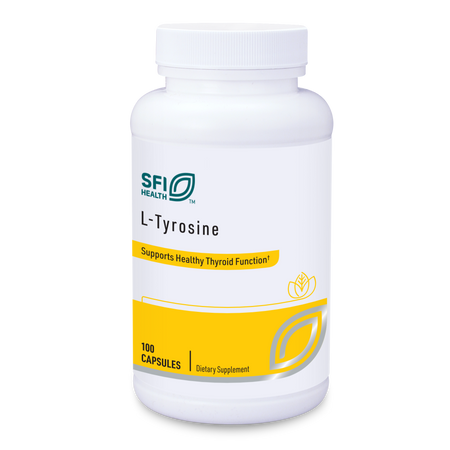 Das Bild zeigt eine weiße Plastikflasche mit einem Schraubverschluss, die das Nahrungsergänzungsmittel L-Tyrosine von SFI Health enthält. Auf der Flasche steht 'Supports Healthy Thyroid Function'. Die Flasche hat ein gelbes Etikett mit der Aufschrift '100 Capsules'.