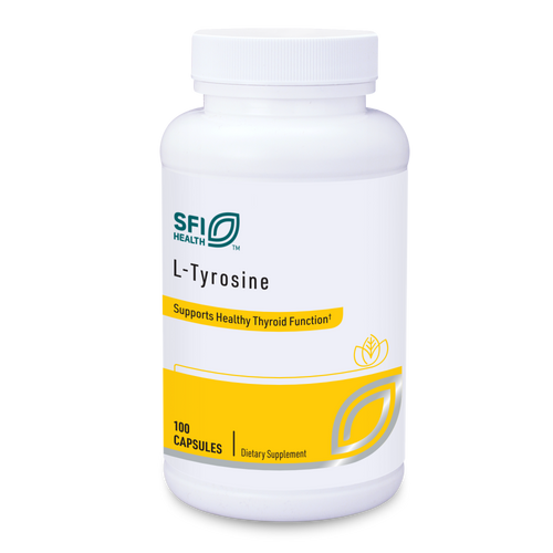 Das Bild zeigt eine weiße Plastikflasche mit einem Schraubverschluss, die das Nahrungsergänzungsmittel L-Tyrosine von SFI Health enthält. Auf der Flasche steht 'Supports Healthy Thyroid Function'. Die Flasche hat ein gelbes Etikett mit der Aufschrift '100 Capsules'.