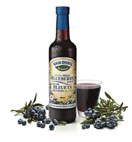 Eine Flasche Van Dyk's Wild Blueberry Juice steht neben einem Glas mit dem Saft. Frische Blaubeeren und Blaubeerzweige liegen um die Flasche und das Glas herum. Das Etikett der Flasche ist gut sichtbar und zeigt den Markennamen und die Produktinformationen. Der Hintergrund ist weiß, was den Fokus auf die Flasche und die Blaubeeren legt.