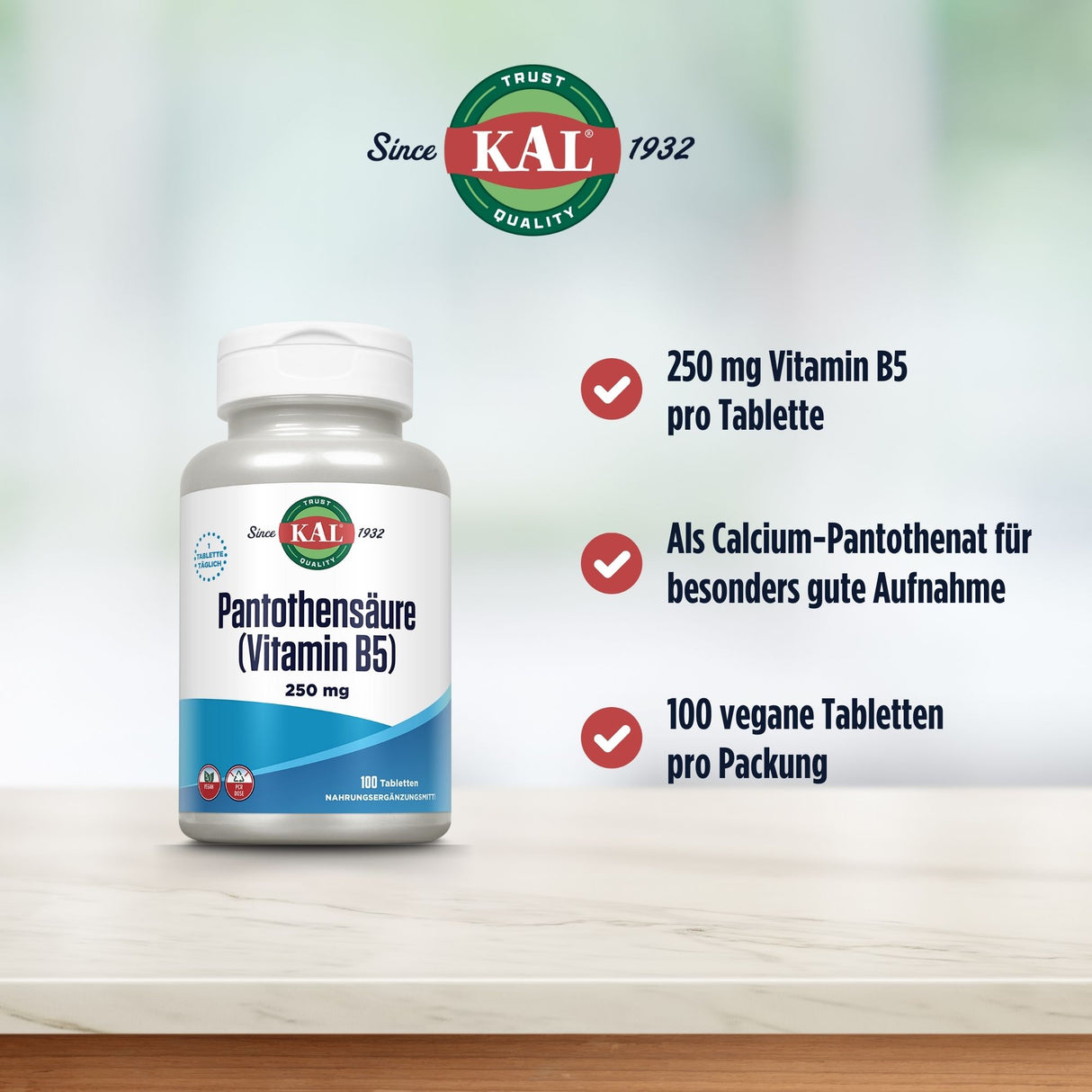 Vitamin B5 Tabletten von KAL, 250 mg pro Tablette, 100 vegane Tabletten pro Packung, als Calcium-Pantothenat für gute Aufnahme.