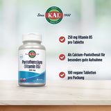 Vitamin B5 Tabletten von KAL, 250 mg pro Tablette, 100 vegane Tabletten pro Packung, als Calcium-Pantothenat für gute Aufnahme.
