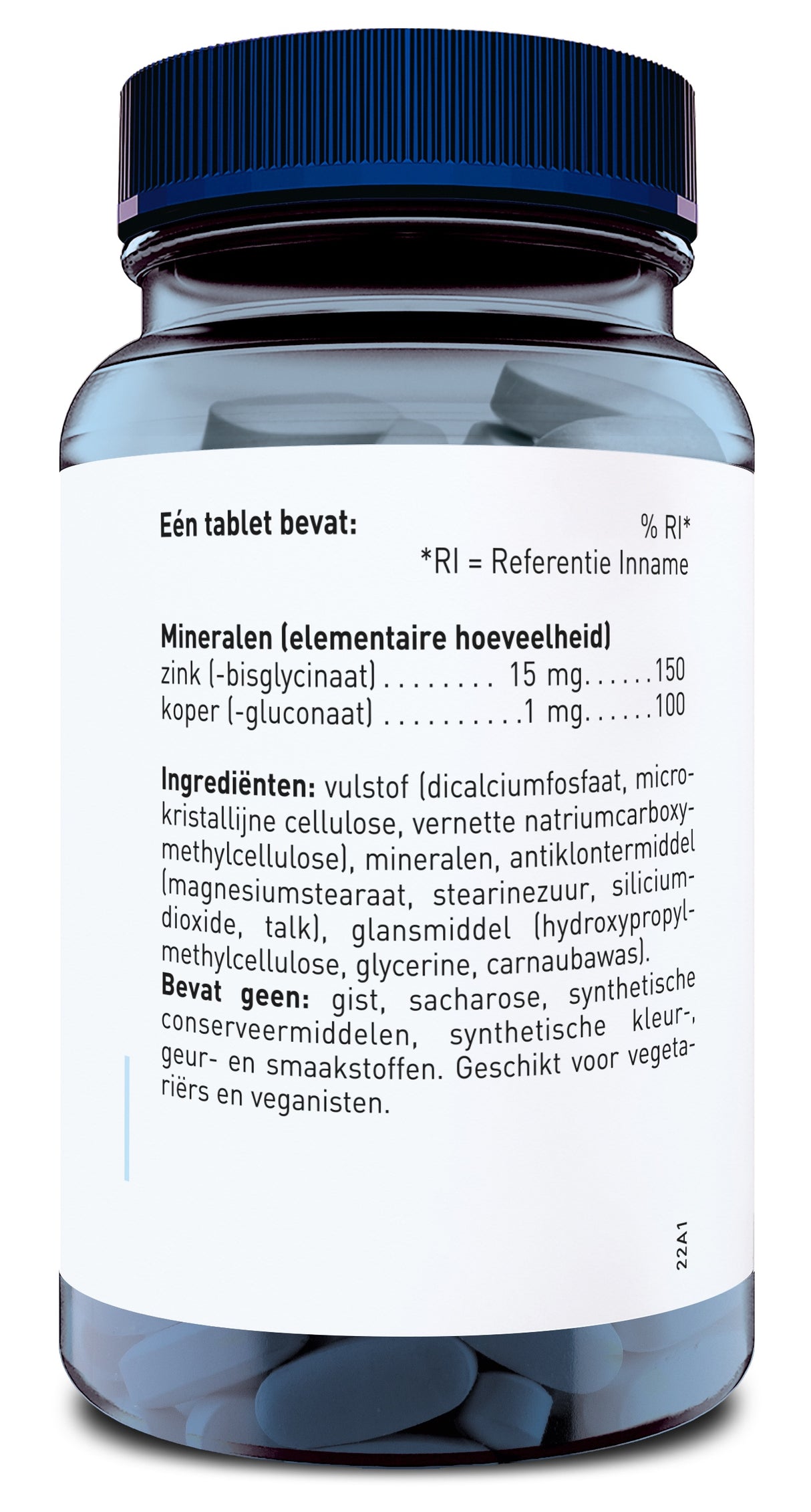 Ein blaues Glas mit einem dunkelblauen Schraubverschluss enthält Nahrungsergänzungstabletten. Auf dem weißen Etikett sind Inhaltsstoffe und Nährwerte auf Niederländisch angegeben. Die Tabletten sind blau und oval. Das Produkt ist für Vegetarier und Veganer geeignet.