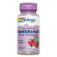 Eine Flasche mit Nahrungsergänzungsmitteln von Solaray. Auf dem Etikett steht "Vital Extracts Pomegranate 200 mg | 40% Ellagic Acid". Die Flasche hat einen lila Deckel und ein Etikett mit Abbildungen von Granatäpfeln. Es ist für vegane Ernährung geeignet und laborgeprüft.
