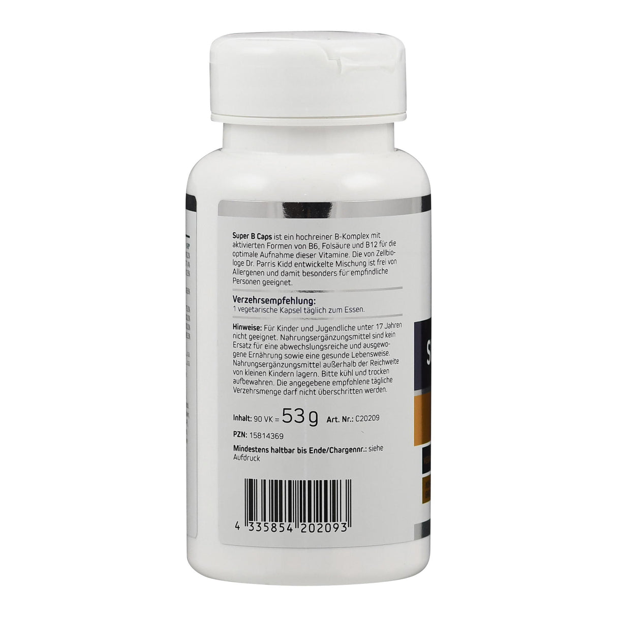 Flasche mit Nahrungsergänzungsmittel. Text beschreibt Super B Caps, Verzehrempfehlung und Hinweise. Enthält 90 Kapseln, 53g, Artikelnummer C20209.