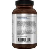 Das Bild zeigt eine weiße Plastikdose mit einem Etikett der Marke American Biologics. Auf dem Etikett steht "Weihrauch/Curcuma mit Lecithin". Die Dose enthält Nahrungsergänzungsmittel in Kapselform. Zwei gelbe Kapseln liegen vor der Dose. Auf dem Etikett sind Informationen wie "vegan" und "non-GMO" zu sehen.