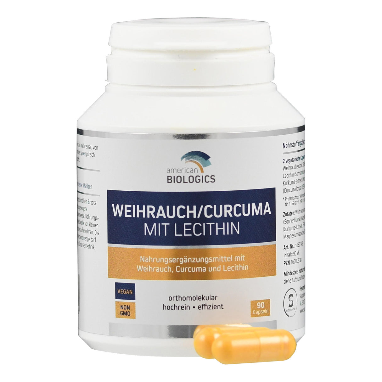 Das Bild zeigt eine weiße Plastikdose mit einem Etikett der Marke American Biologics. Auf dem Etikett steht "Weihrauch/Curcuma mit Lecithin". Die Dose enthält Nahrungsergänzungsmittel in Kapselform. Zwei gelbe Kapseln liegen vor der Dose. Auf dem Etikett sind Informationen wie "vegan" und "non-GMO" zu sehen.