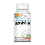 Das Bild zeigt eine weiße Plastikflasche mit einem Schraubverschluss. Auf der Flasche steht 'SOLARAY Nahrungsergänzungsmittel Verzögerte Abgabe Caprylsäure'. Es sind 100 vegetarische Kapseln enthalten. Die Beschriftung ist in verschiedenen Farben gehalten, darunter ein Regenbogenstreifen oben. Ein kleines Logo mit einem Blatt und der Aufschrift 'Lab Verified' ist ebenfalls sichtbar.