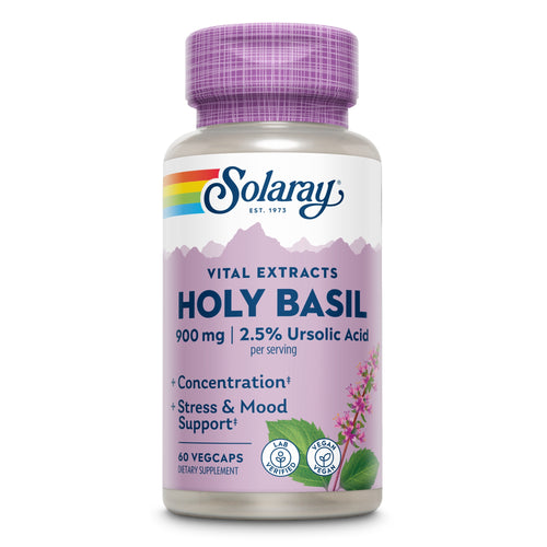 Flasche mit Nahrungsergänzungsmittel "Holy Basil" von Solaray, 900 mg, 60 VegCaps. Unterstützt Konzentration, Stress und Stimmung. Vegan.
