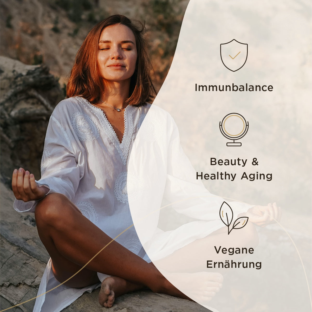 Eine Frau sitzt im Schneidersitz auf einem Felsen und meditiert. Sie trägt ein weißes Kleid. Neben ihr sind grafische Symbole und Texte zu den Themen Immunbalance, Beauty & Healthy Aging und Vegane Ernährung zu sehen.