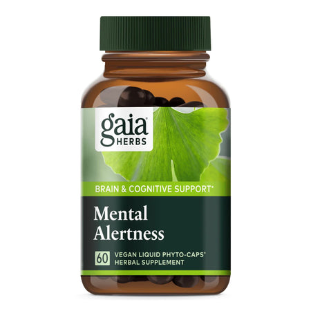 Das Bild zeigt eine braune Flasche mit einem grünen Schraubverschluss, die mit "gaia HERBS" beschriftet ist. Auf dem Etikett steht "BRAIN & COGNITIVE SUPPORT" und "Mental Alertness". Es enthält 60 vegane Flüssigkapseln als pflanzliches Nahrungsergänzungsmittel.