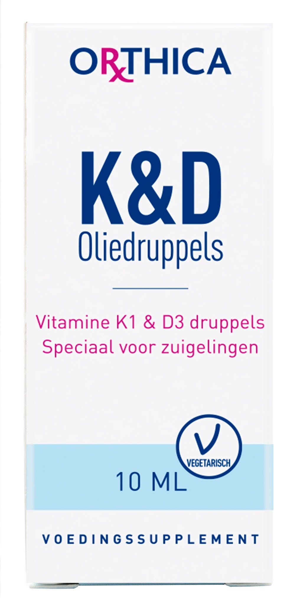 Die Verpackung eines Nahrungsergänzungsmittels von Orthica ist abgebildet. Auf der Vorderseite steht 'K&D Olie Druppels', 'Vitamine K1 & D3 druppels speciaal voor zuigelingen', '10 ML' und 'Voedingssupplement'. Ein Vegetarisch-Symbol ist ebenfalls sichtbar.