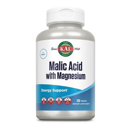 Flasche mit Nahrungsergänzungsmittel 'Malic Acid with Magnesium' von KAL, 120 Tabletten. Unterstützt Energie, vegan, glutenfrei.