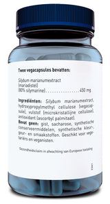 Eine blaue Flasche mit einem schwarzen Deckel enthält vegane Kapseln. Das Etikett beschreibt die Inhaltsstoffe: Silybum marianum-Extrakt (Mariendistel) mit 80% Silymarin, Hydroxypropylmethylcellulose, mikrokristalline Cellulose, Ascorbylpalmitat. Frei von Hefe, Saccharose, synthetischen Konservierungs-, Farb- und Geschmacksstoffen. Geeignet für Vegetarier und Veganer.