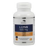 Das Bild zeigt eine weiße Plastikflasche mit einem Etikett. Auf dem Etikett steht "L-Lysin 500 mg" von "American Biologics". Es handelt sich um ein Nahrungsergänzungsmittel mit 90 Kapseln, vegan und non-GMO. Die Farben des Etiketts sind Blau und Orange.