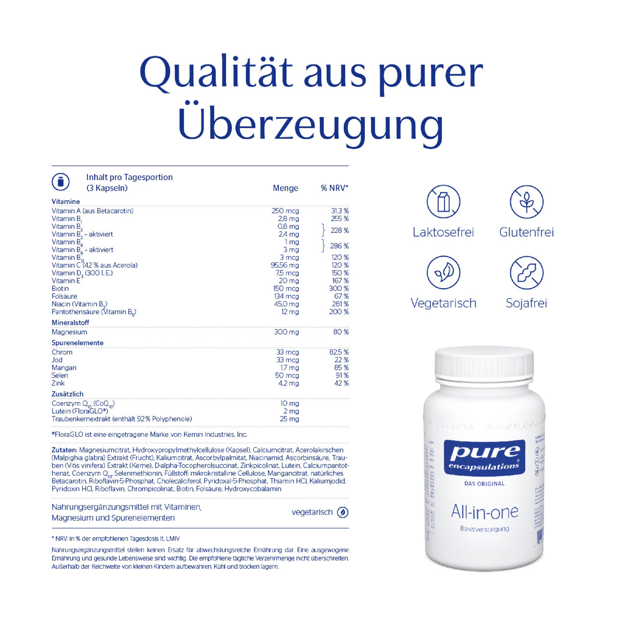 Das Bild zeigt eine Produktbeschreibung für ein Nahrungsergänzungsmittel namens "All-in-one" von Pure Encapsulations. Links ist eine detaillierte Liste der Inhaltsstoffe und Nährwerte pro Tagesportion abgebildet. Rechts unten ist eine weiße Flasche mit dem Produktetikett zu sehen. Darüber steht der Slogan "Qualität aus purer Überzeugung". Symbole weisen darauf hin, dass das Produkt laktosefrei, glutenfrei, vegetarisch und sojafrei ist. Die Farben sind überwiegend blau und weiß.