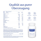 Das Bild zeigt eine Produktbeschreibung für ein Nahrungsergänzungsmittel namens "All-in-one" von Pure Encapsulations. Links ist eine detaillierte Liste der Inhaltsstoffe und Nährwerte pro Tagesportion abgebildet. Rechts unten ist eine weiße Flasche mit dem Produktetikett zu sehen. Darüber steht der Slogan "Qualität aus purer Überzeugung". Symbole weisen darauf hin, dass das Produkt laktosefrei, glutenfrei, vegetarisch und sojafrei ist. Die Farben sind überwiegend blau und weiß.