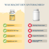 Das Bild zeigt einen Vergleich zwischen zwei Nahrungsergänzungsmitteln. Links ist eine Flasche "Solaray Potassium Asporotate" mit Vorteilen wie hohe Dosierung, 100 Tage Vorrat, laborgeprüft und Qualität seit 1973. Rechts ist eine generische Flasche ohne Marke, mit Nachteilen wie niedrige Dosierung, geringe Reichweite, ungeprüfte Qualität und keine langjährige Erfahrung. Der Hintergrund ist zweifarbig, links gelb und rechts grau.