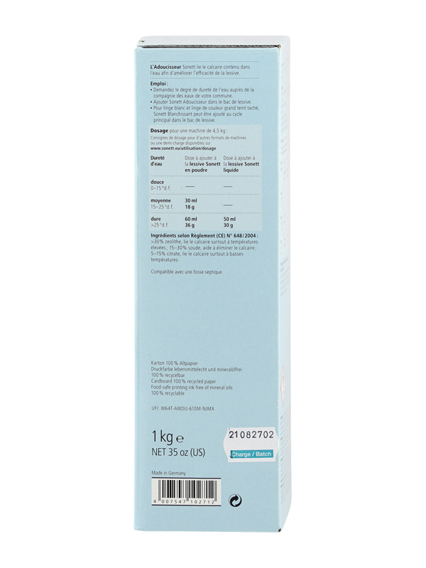 Die Verpackung eines Wasserenthärters der Marke Sonett. Auf der hellblauen Verpackung sind Anwendungshinweise, Dosierungsanleitungen und Inhaltsstoffe auf Französisch aufgedruckt. Unten befindet sich ein Barcode und ein Hinweis 'Made in Germany'.