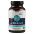 Eine braune Flasche mit einem weißen Etikett, das "AB-FLOR BASIC" und "american BIOLOGICS" zeigt. Das Etikett enthält auch Informationen über die Nicht-GMO-Eigenschaft und die empfohlene Tagesdosis. Die Flasche enthält 90 Kapseln.