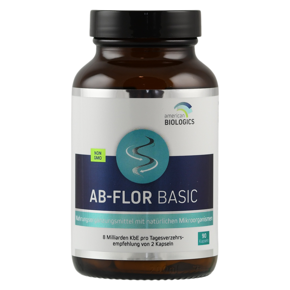 Eine braune Flasche mit einem weißen Etikett, das "AB-FLOR BASIC" und "american BIOLOGICS" zeigt. Das Etikett enthält auch Informationen über die Nicht-GMO-Eigenschaft und die empfohlene Tagesdosis. Die Flasche enthält 90 Kapseln.