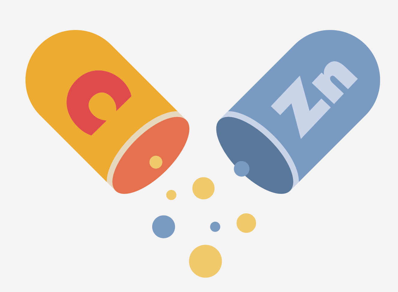 schematische Zeichnung einer geöffneten Kapsel, die Vitamin C und Zink enthält.