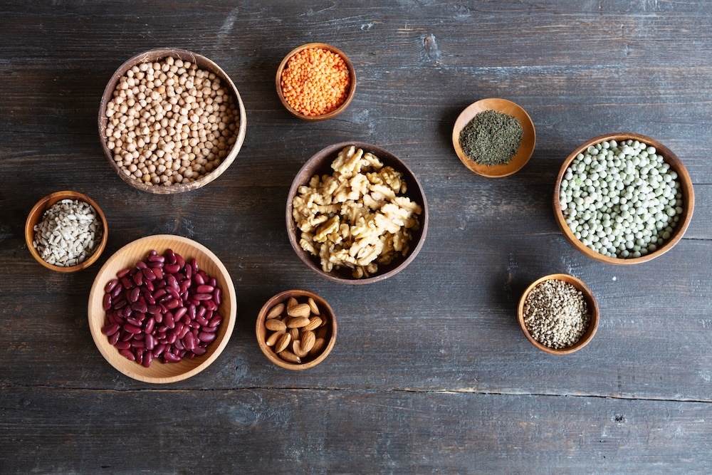 A variety of plant based proteins like legumes, nuts and seeds in wooden bowls on a dark wooden background, seen from above. These vegan proteins are: almonds, walnuts, sunflower seeds, hemp seeds, nettle seeds, red lentils, kidney beans, chick-peas, dried green peas