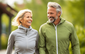 Ein vitales Senioren-Paar bei einem zügigen Spaziergang durch die Natur