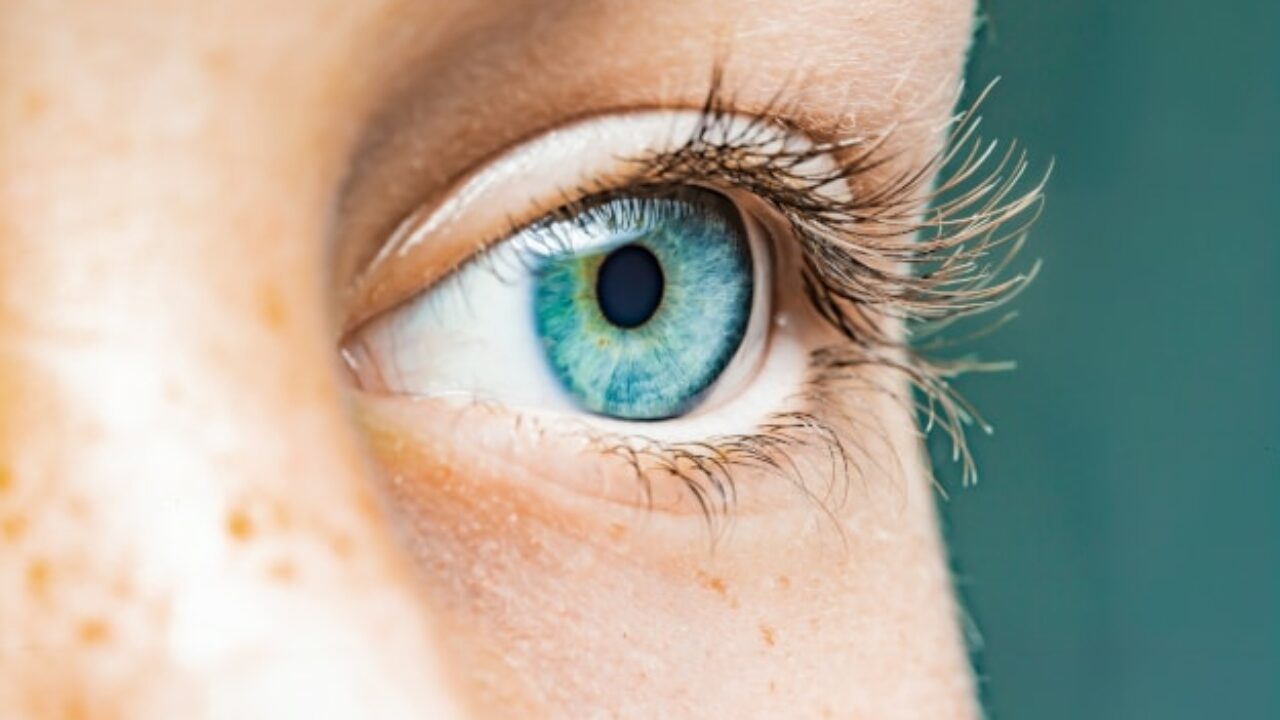 Close-up of a female eye with blue iris